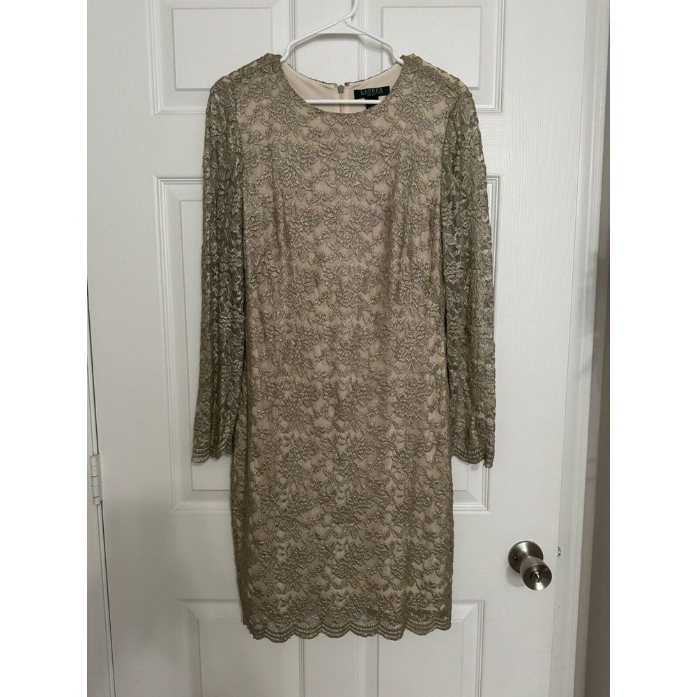Lauren Ralph Lauren Womens Lace Dark Silver Beige‎ Stretch Dress Size 10